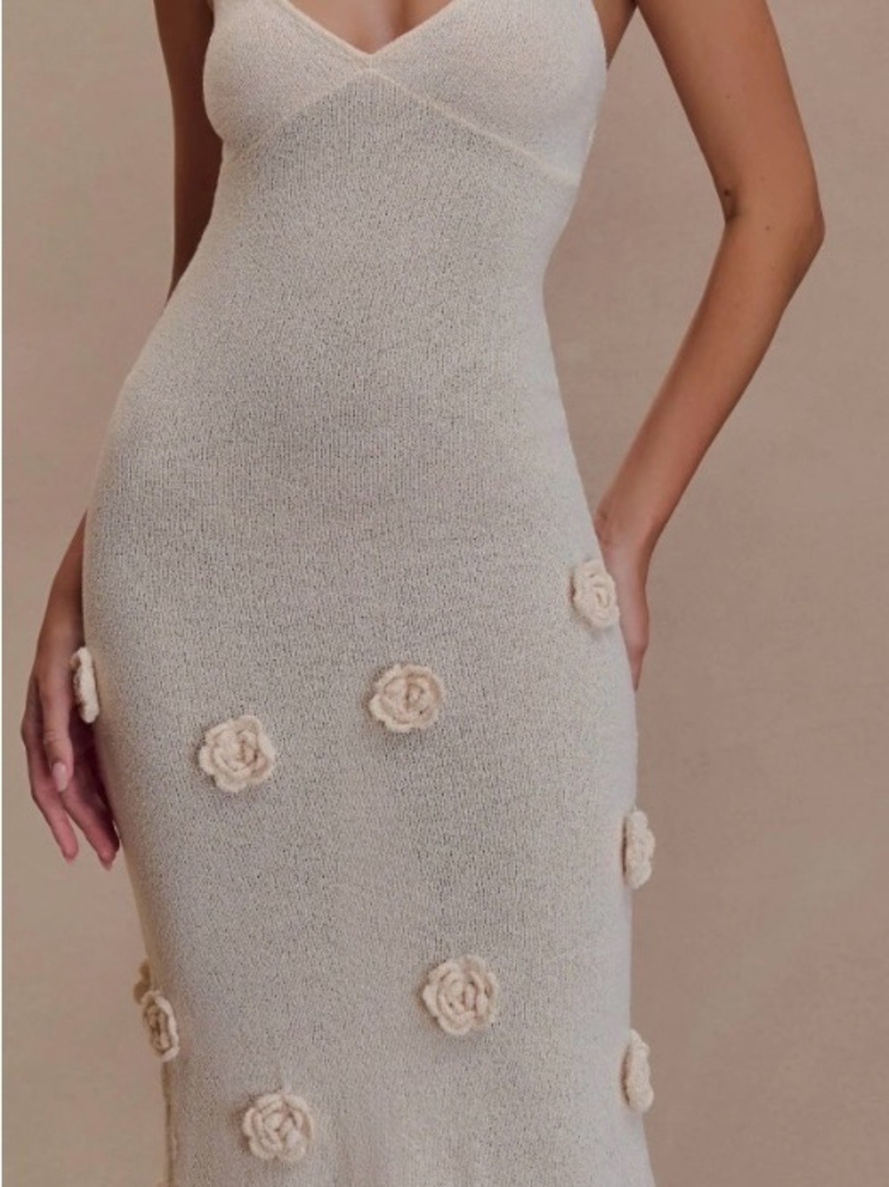 Meshki Cream Knit Maxi  Dress with Floral Appliqués size XS